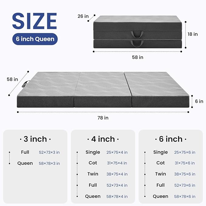 Foldable Mattress Queen, 6 Inch Memory Foam Folding Mattress Queen, Trifold Mattress with Breathable & Washable Cover, Portable Mattress for Guest Bed, 78"x58"x6", Grey