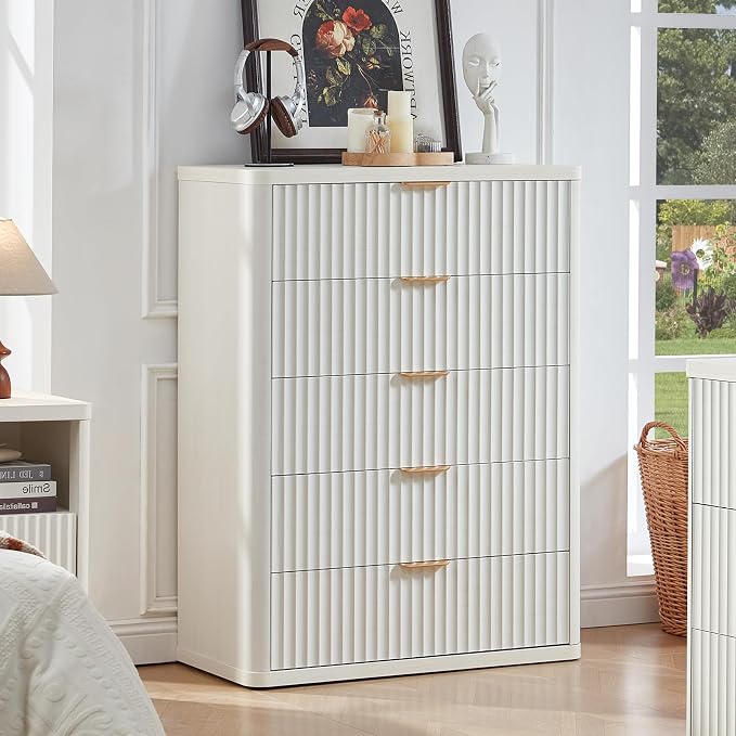 LEYAOYAO Fluted 5 Drawers Dresser Set of 2, 41" Tall Modern Chest of Drawers with Metal Handle, Curved Profile Dresser TV Stand, Wooden Drawer Organizer for Bedroom, Living Room, Hallway,Antique White - Image 5