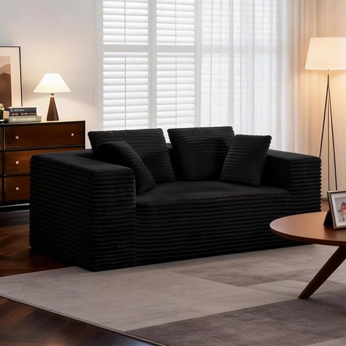 2-Seater Deep-Seat Corduroy Lounge Sleeper Sofa, No Assembly Frameless Foam Cloud Couch, Comfy Plush Double Seater for Living Room Bedroom Apartment Dorm Office (Black)
