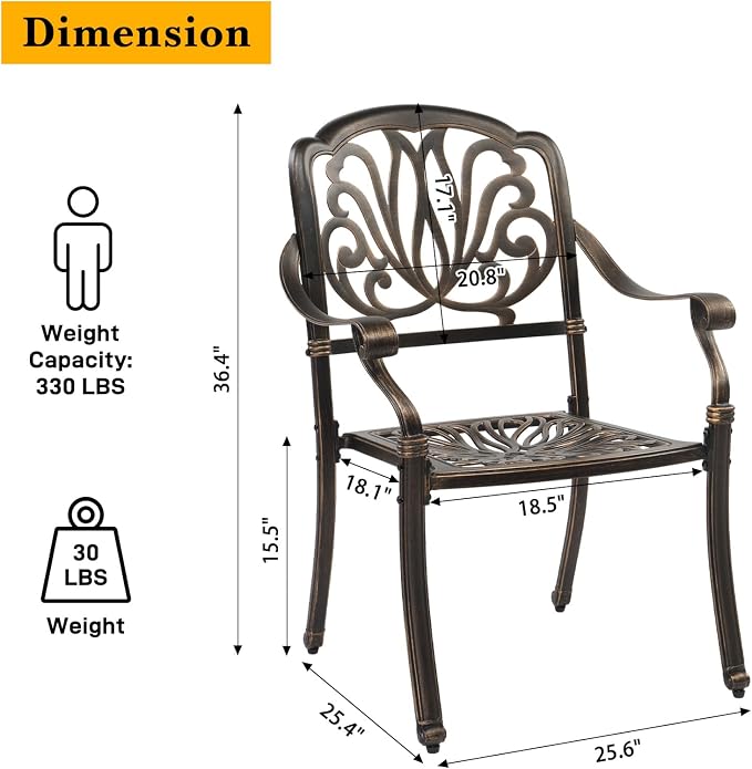 VINGLI 5 Pieces Outdoor Patio Dining Set, Cast Aluminium Patio Furniture Set with 4 Chairs and 1 Umbrella Table for Yard, Garden, Porch and Poolside, Bronze - Image 9