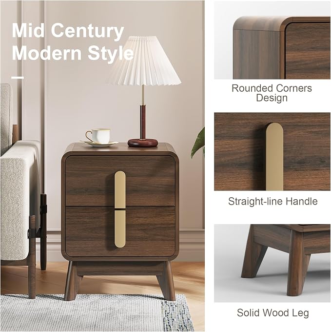JOINICE, Nightstands Set of 2, Mid Century Modern Nightstand with Drawers, Bedside Tables with Solid Wood Legs, End Side Tables for Bedroom, Small Space,Walnut - Image 4