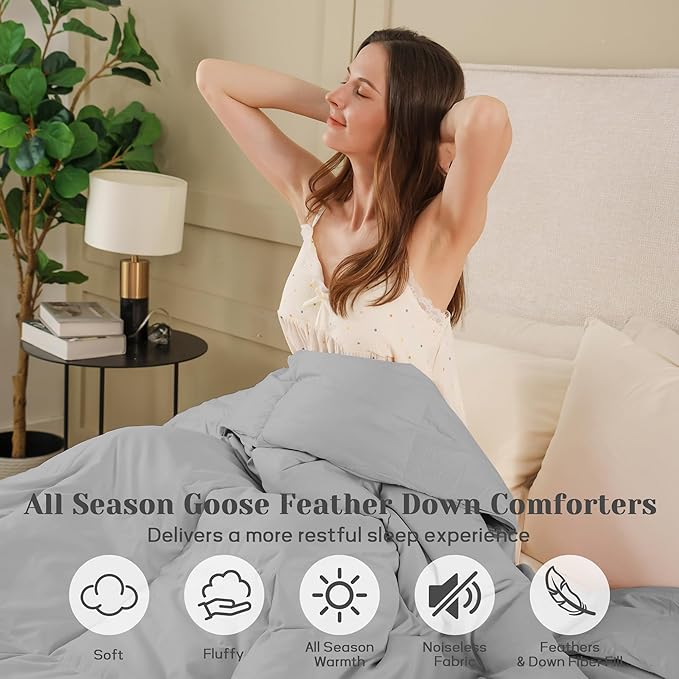 Joysoul Feather Down Fiber Comforter Queen Size - All Season Ultra Soft Goose Down & Feather Fiber Fill Duvet Insert, Luxury Hotel Dark Gray with 8 Corner Tabs (Gray, Full/Queen)