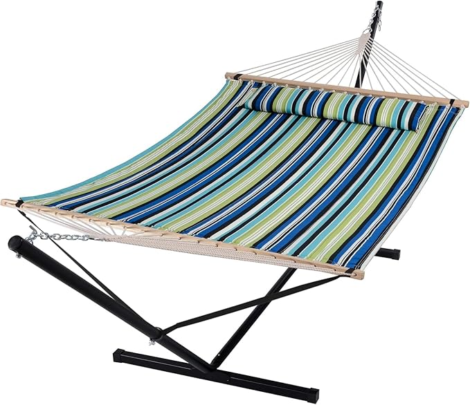 SUNCREAT Hammock with Stand 2 Person Heavy Duty, Freestanding Hammock with Spreader Bar, Soft Pillow, Green Stripes by SUNCREAT