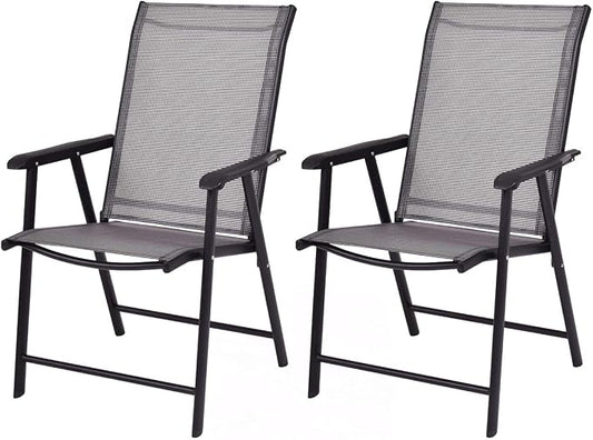 Giantex Set of 2 Patio Folding Chairs, Outdoor Chairs with Armrest, Portable Dining Chairs for Porch Camping Pool Beach Deck Lawn Garden, 2-Pack Patio Sling Chairs, Metal Frame, Grey by Giantex