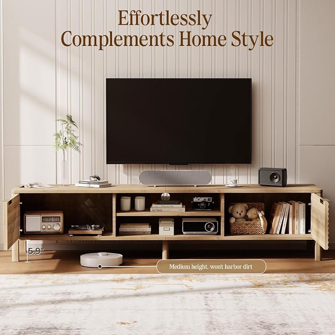IKALIFE TV Stand for Living Room - up to 80 Inch TVs Mid Century Modern Entertainment Center with Storage and Adjustable Shelves, Media Console Table Oak 71" - Image 3