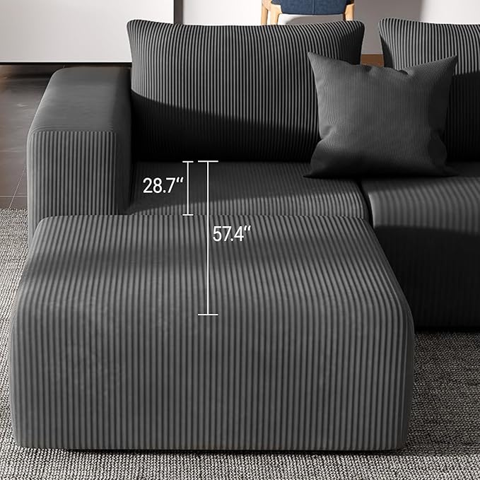 Modern L-Shaped Modular Sectional Couches for Living Room, Bedroom, Oversized 4 Seater Upholstered Boneless Sofa with Ottoman, Deep Seat, Pockets No Assembly Required (Gray) | Corduroy Sofa, High-density Foam, No Assembly Required, Sectional Couches