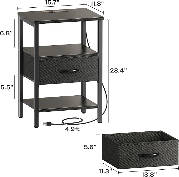 SUPERJARE Nightstand with Charging Station, Bed Side Table with Adjustable Fabric Drawer, Night Stand for Bedroom, 3-Tier Storage End Table, for Living Room, Black - Image 3