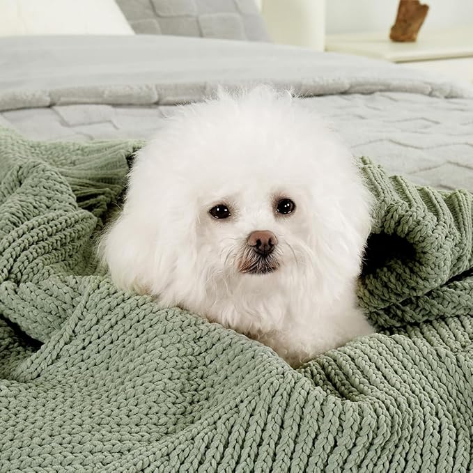 Amélie Home Knit Throw Blanket, Soft Chenille Cozy Breathable Chevron Chunky Decorative Blanket for Couch, Bed & Sofa, French-Inspired Lightweight Warm Gift for Women, Sage Green, 50"x60"