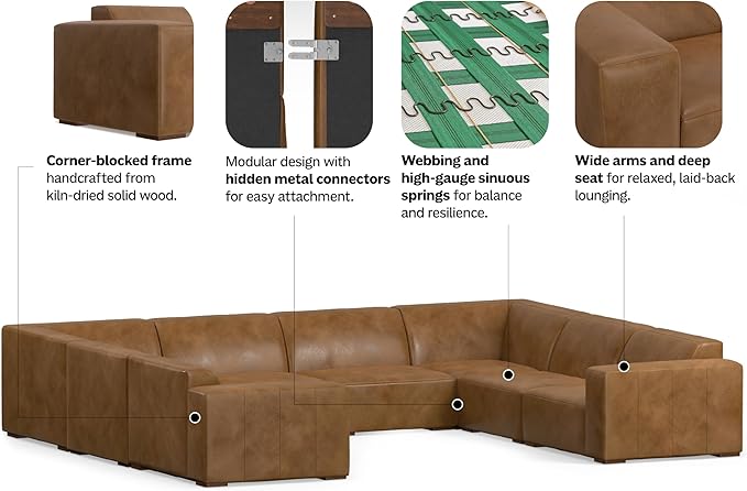 SIMPLIHOME Rex Left Chaise Sofa Module in Full-Grain Genuine Leather, Caramel Brown, 44-inches W x 69.5-inches D, Handcrafted Modern-Style Left-Arm Chaise Lounge Chair for Living Room