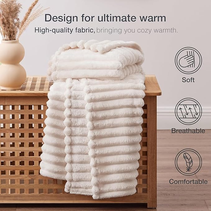 EXQ Home Fleece Blanket Queen Size for Couch or Bed - 3D Stripe Jacquard Decorative Blankets - Cozy Soft Lightweight Fuzzy Flannel Blanket Suitable for All Seasons(90"×90",Beige)