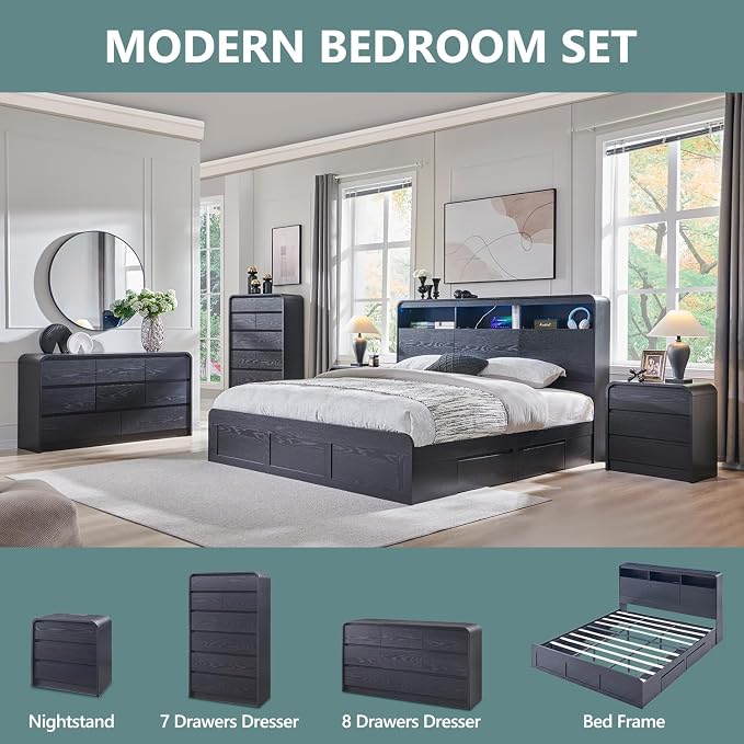 Aitjunz 25" Tall Modern Nightstand with Charging Station, 23.6'' Wide Wood Bedside Table w/3 Storage Drawers, Small Dresser w/Curved Profile Design, End Table for Bedroom, Black - Image 7