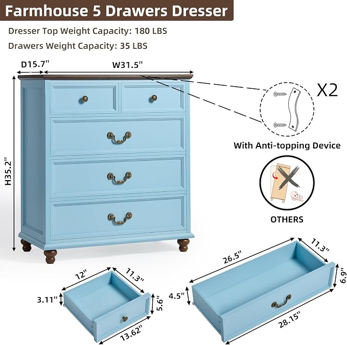 Joaxswe Farmhouse 5 Drawer Dresser Set of 2 for Bedroom, 35" Tall Rustic Chests of Drawers w/ 4 Solid Wood Feet, Mid Century Vintage Wooden Closet Storage Dressers Organizer for Living Room,Light Blue - Image 2