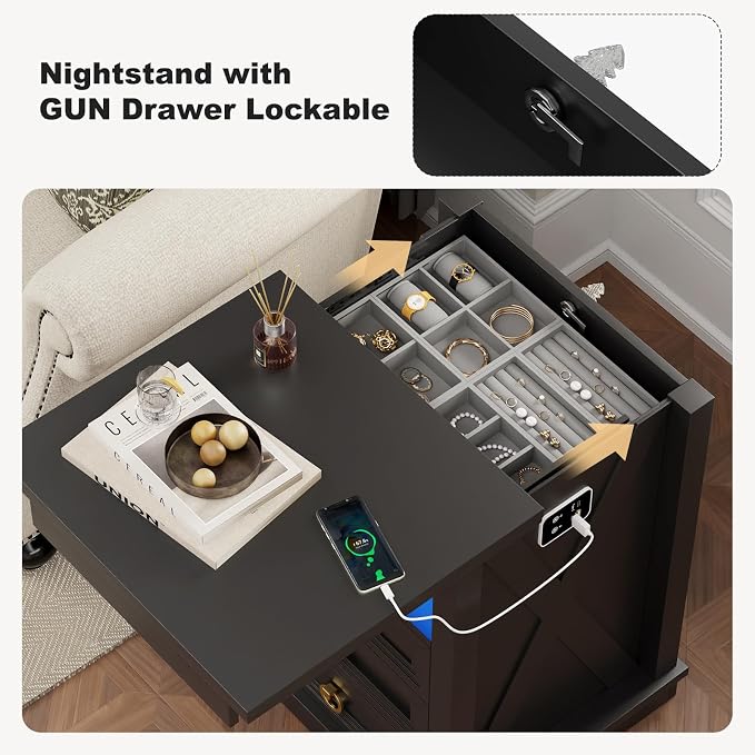 Farmhouse Nightstand Set 2 with Gun Drawer,Bedside Table with Charging Station and Human Body Senor,3 LED Lights Night Stand with 3 Drawers and Open Shelf,End Side Table for Bedroom(Black) - Image 9