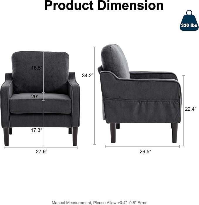 Ribilake Grey Accent Chair - Upholstered Armchair with Side Pockets, Comfy Living Room Arm Chair, Reading Accent Chairs for Bedroom, Living Room, Apartment, Office