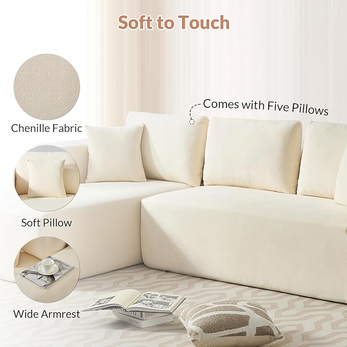 Rovibek Modular No Assembly Compression Sofa with 5 Pillows, L Shape Sectional Couch Deep Seat Couches with Chaise for Living Room, White