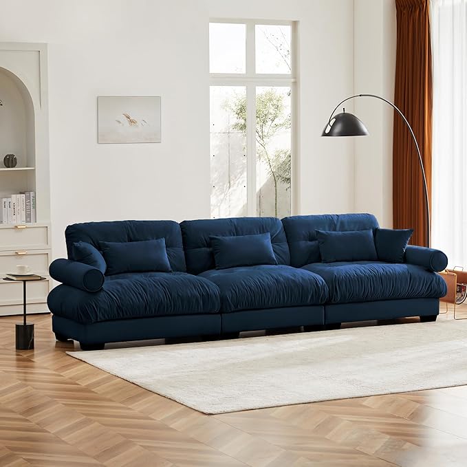 KEIKI 130" Oversized Velvet Modular Sectional Sofa with High-Density Foam Cushions and Bolstered Armrests, Upholstered Modern Style 3-Seater Cloud Couch with 5 Pillow, for Apartment, Living Room, Blue