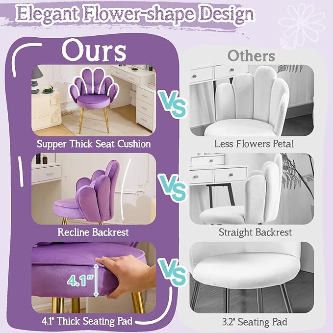 VINGLI Petal Makeup Vanity Chair with Back,Flower Cute Girls Desk Chair Comfy No Wheels,Modern Dining Chair,Small Accent Chair with Adustable Gold Legs&Bow Pillow for Home Office,Bedroom,Velvet,Purple