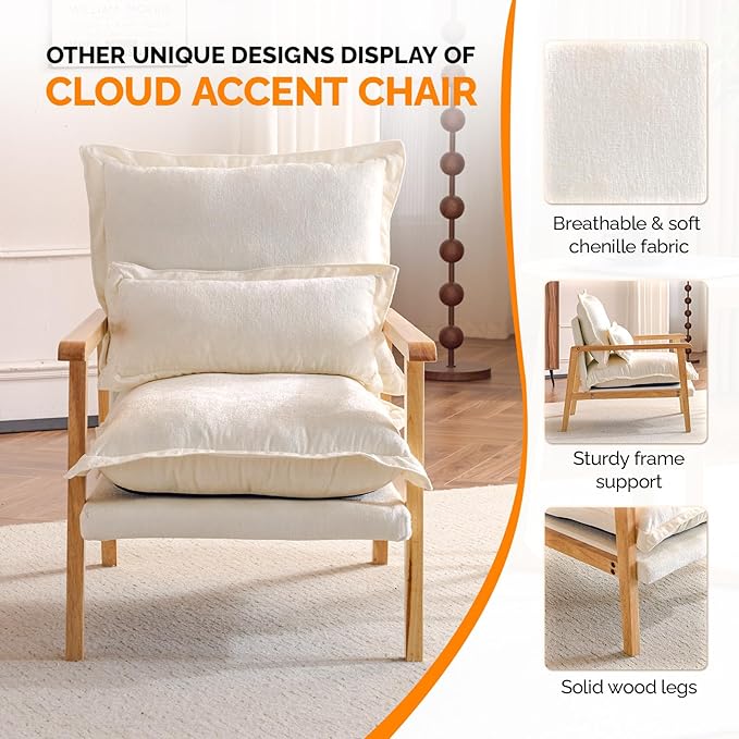 VINGLI Mid-Century Modern Cloud Accent Armchair with Lumbar Pillow, 6.3'' Thick Seat Cushion Comfortable Reading Chair with Wooden Armrests，Boho Lounge Chair for Bedroom, Living Room, Chenille, Beige