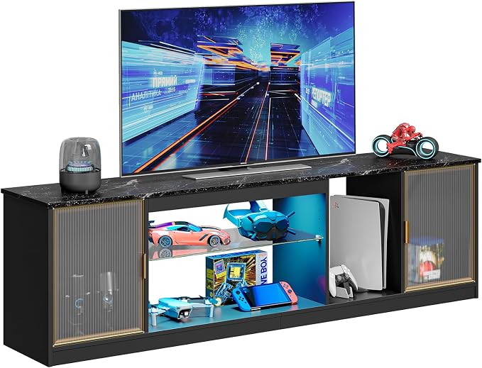 Bestier Black Marble RGB LED TV Stand for 65-75 Inch TV, 70.87" Farmhouse Entertainment Center with Tempered Glass Shelves & Storage Cabinets, Anti-Tip Media Console for Living Room Bedroom - Image 8