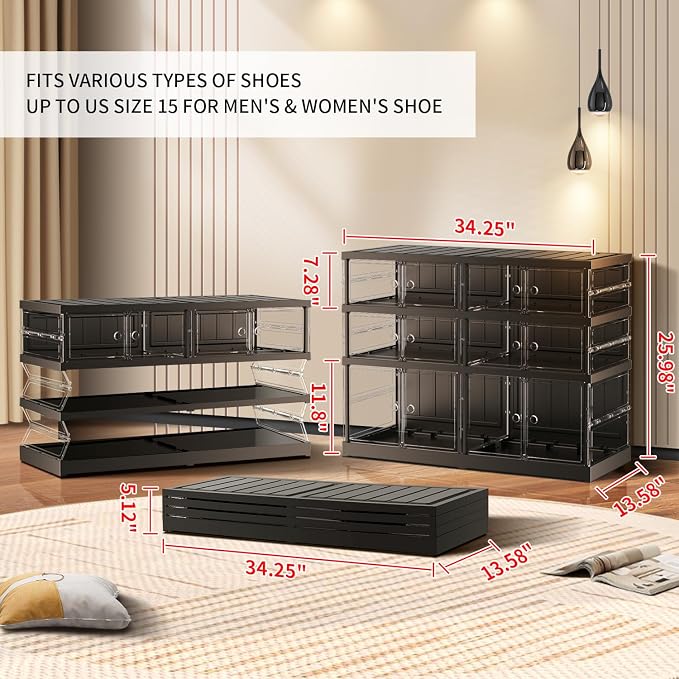 CIMLORD 3 Tier Foldable Shoe Rack for Closet Entryway 6-12 Pairs Stackable Clear Shoe Storage Boxes with Lids Shoes Shelf with Door Plastic Organizer Cabinet Easy Assembly Black - Image 2