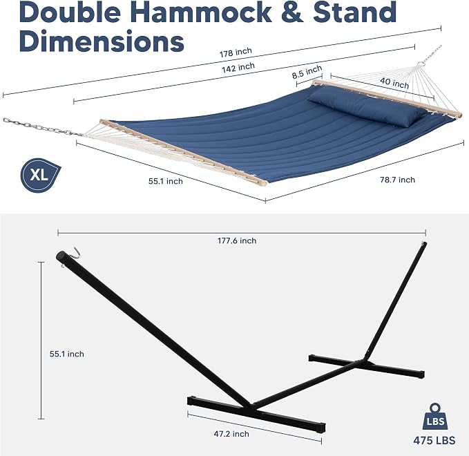 SUNCREAT 2 Person Free Standing Hammock with 15 ft Stand, 475 lbs Capacity, Backyard Hammock with Stand, Navy - Image 3