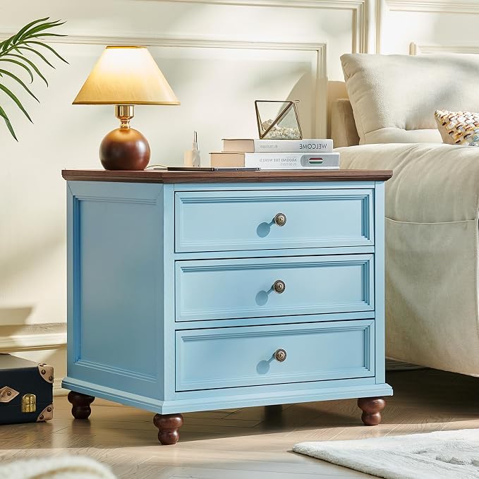 Joaxswe Farmhouse Nightstand Set of 2 with Charging Station, 24" Wide End Table with 3 Drawers,Dresser for Bedroom,Bed Side Table Chest of Drawers Cabinet,Wood Light Blue Night Stand for Living Room - Image 6