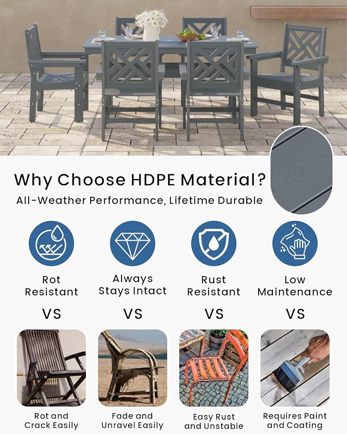7-Piece Outdoor Dining Set, HDPE All-Weather Patio Table and Chairs Set for 6, Outdoor Patio Furniture Sets with Umbrella Hole for Outside, Deck, Backyard, Garden (Grey) - Image 3