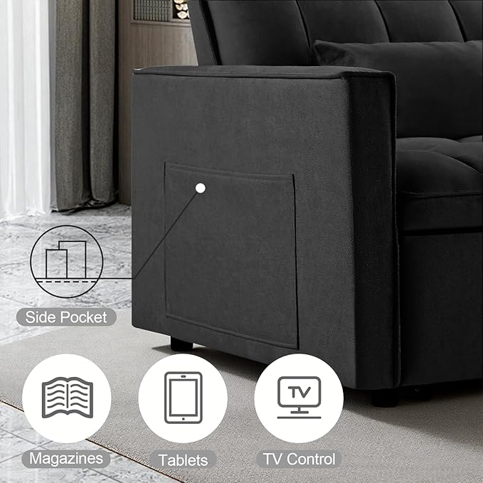 Convertible Sofa Bed, Pull Out Couch with Side Pockets, 3 in 1 Velvet Fabric Loveseat Sleeper Sofa Bed, Pull Out Couch with Adjustable Backrest for Living Room, Bedroom, Apartment, Black