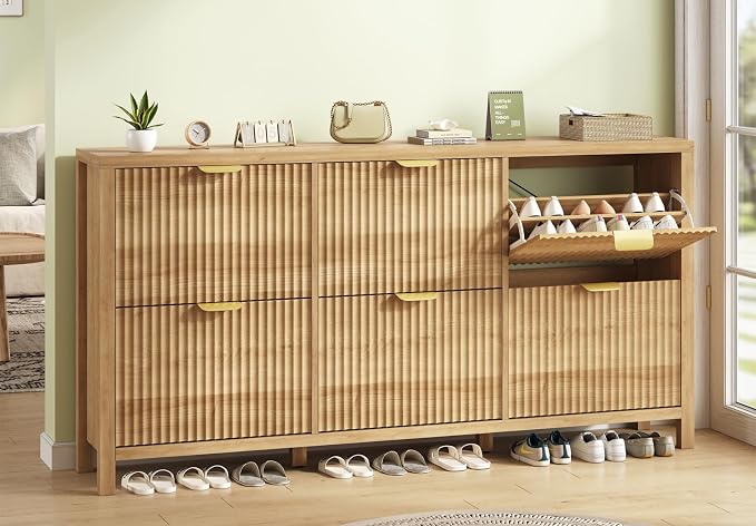 YOMILUVE 63" Shoe Cabinet Storage for Entryway, Fluted Shoe Cabinet with 6 Flip Drawers, Hidden Shoe Rack Freestanding Wooden Shoe Organizer with Legs for Hallway, Oak by YomiluveDesign
