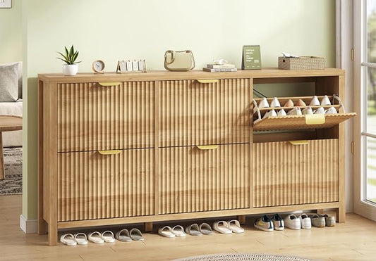 YOMILUVE 63" Shoe Cabinet Storage for Entryway, Fluted Shoe Cabinet with 6 Flip Drawers, Hidden Shoe Rack Freestanding Wooden Shoe Organizer with Legs for Hallway, Oak by YomiluveDesign