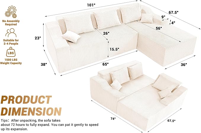 HABUTWAY 101'' Modular Sectional Sofa Cloud Couch with Deep Seat, Modern L-Shaped Convertible Couches Upholstered Couch with Chaise for Living Room Bedroom(Beige, Right-Facing Chaise)