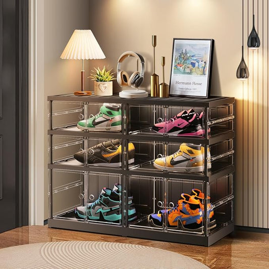 CIMLORD 3 Tier Foldable Shoe Rack for Closet Entryway 6-12 Pairs Stackable Clear Shoe Storage Boxes with Lids Shoes Shelf with Door Plastic Organizer Cabinet Easy Assembly Black by CIMLORD