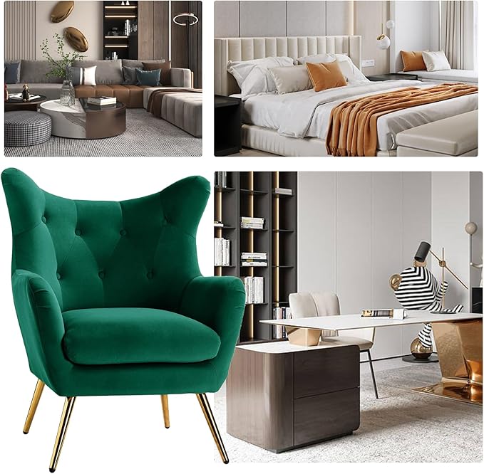 HULALA HOME Velvet Accent Chair Set of 2, Modern Wingback Arm Chair with Metal Gold Legs, Velvet Tufted Upholstered(Green)