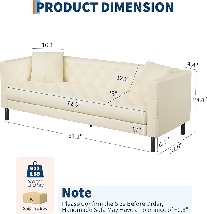 IDEALHOUSE Mid Century Modern Sofa 81 inch, Faux Leather Sofa 3 Seater, Apartment Sofa for Living Room, Chesterfield Tufted Couch with Deep Seats and 2 Pillows, Sectional Style Couch, Beige