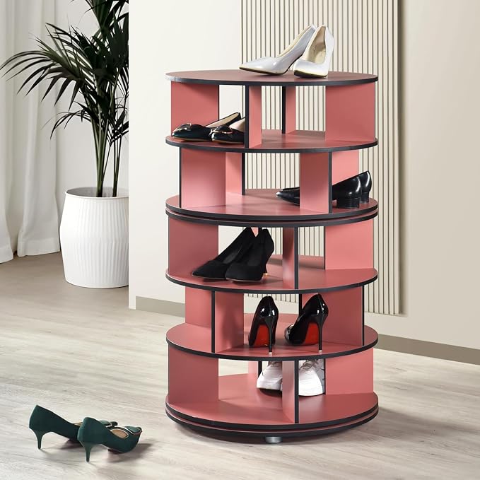 Kings Brand Furniture - 5-Tier Rotating Shoe Rack, 360° Revolving Lazy Susan Spinning Shoe Rack Tower Storage Organizer for Closet Entryway Bedroom Hallway, Red by KingsBrandFurniture