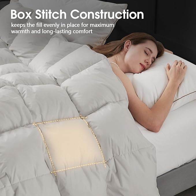 CYMULA King Size Feather Down Comforter - All Season Light Grey Duvet Insert, Lightweight Box Stitched, Fluffy Breathable, Ultra Soft Quiet Hotel Style with 8 Tabs(90" x 106")
