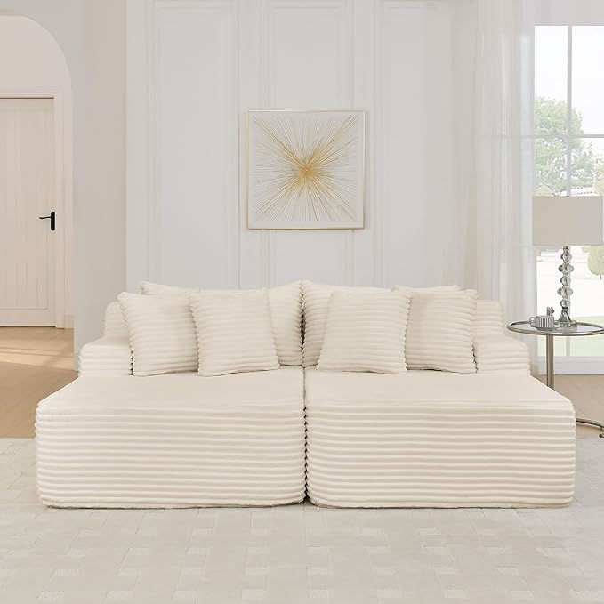 Fluffy Corduroy Double Chaise Lounge Daybed 83-Inch Oversized Loveseat Sleeper Sofa Bed,Boneless Love Seat Recliner Sleeper Couch Full Foam Floor Cloud Sofa Chaise W/6 Pillows for Living Room Bedroom