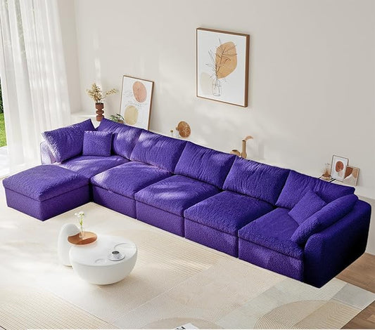 Modular Sectional Sofa Boneless Cloud Couch for Living Room, L Shape Deep Seat Recliner Sofa with Ottoman, Adjustable Backrest & 2 Throw Pillows - Covers Washable, (Purple, 5 Seater+1 Ottoman)