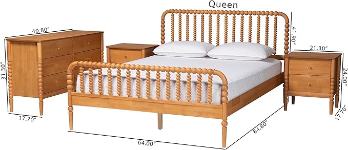 Baxton Studio Lucera Bobbin Wood Bedroom Set, 4-Piece, Queen, Oak Brown