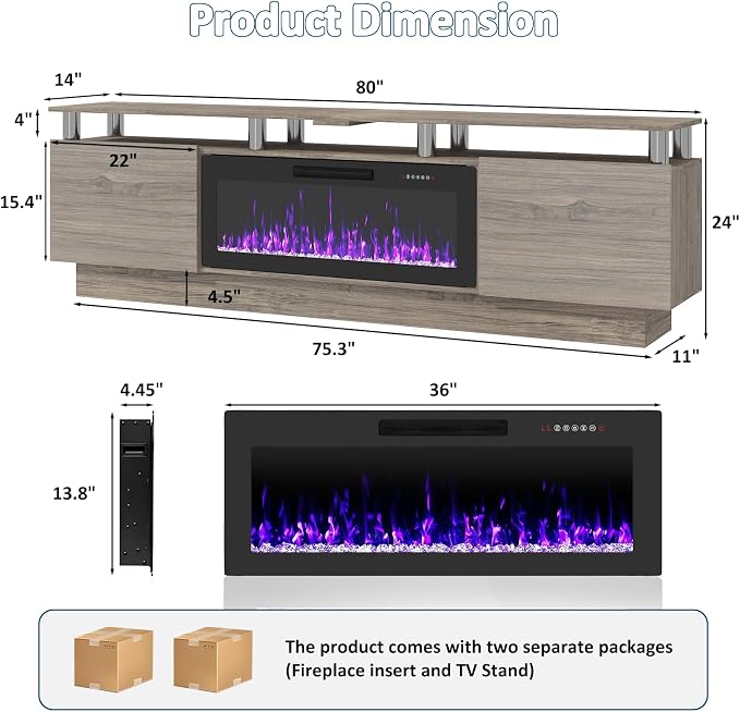 PUKAMI 80" Fireplace TV Stand with 36" Electric Fireplace, LED Light Entertainment Center with Storage, 2 Tier Modern Wood Media TV Console with Highlight Cabinet for Living Room, Grey - Image 8