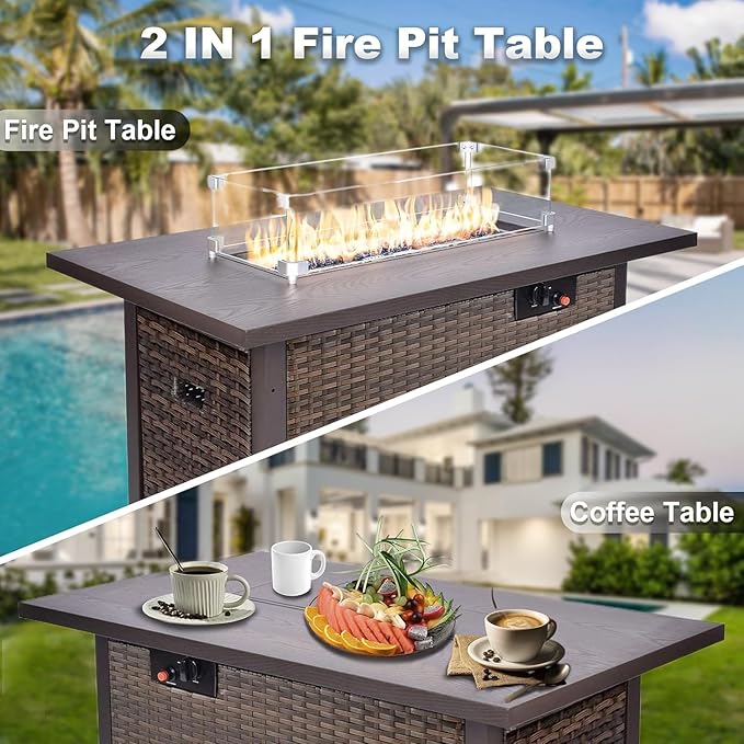 Grezone 15 Piece Patio Furniture Set with 44" Fire Pit Table, Outdoor Sectional Couch, PE Rattan Patio Conversation Sets with 4inch Cushions for Backyard Black