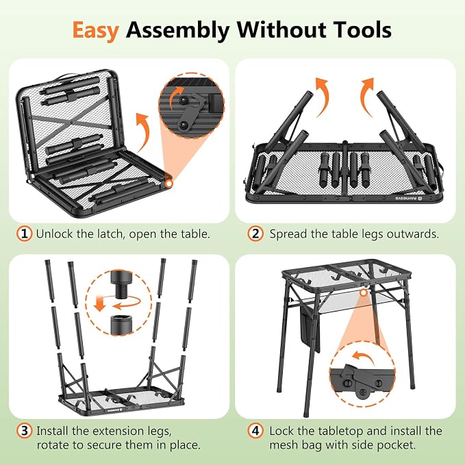 Folding Grill Table for Outside, 3 Height Adjustable Small Camping Table with Mesh Bag, Metal Aluminum Folding Table, 23.62 x 15.75 inches, Portable Grill Stand for Picnic, Camping, BBQ, Beach, Black - Image 6