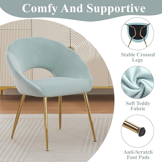 Modern Vanity Chair, Living Room Chair with Gold Metal Legs,Velvet Dining Chair, Comfy Accent Chair for Makeup Room, Waiting Room, Dressing Room, Bedroom, Dining Room, Home Office (1, Blue-green)