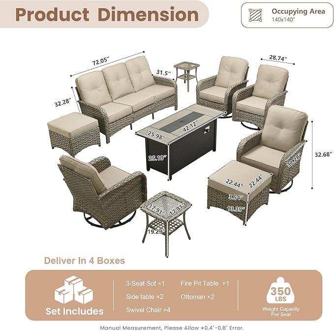 HOOOWOOO Outdoor Patio Furniture Set with Fire Pit Table,10 Pieces Wicker Conversation Set,All Weather High Back Couch Sofa Swivel Chairs Ottomans Ottomans Set,Beige