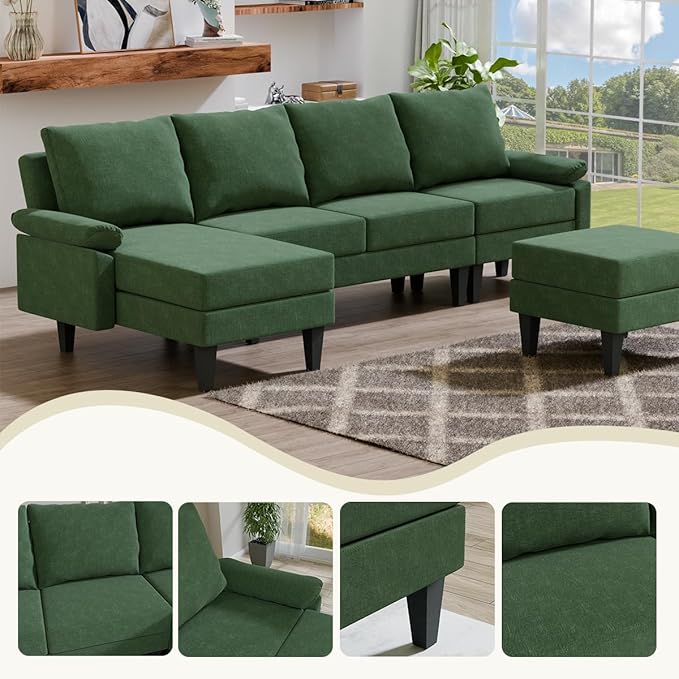 115 Inch Modular Sectional Sofa with Storage Ottoman, Modern L-Shaped Sectional Couch with Chaise, Chenille Couch for Living Room, Apartment or Small Spaces, Green
