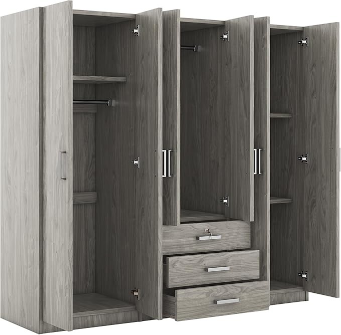 68" H Large 6 Doors Wooden Wardrobe Closet, Freestanding Armoire Wardrobe Closet Cabinet with 3 Drawers, Shelves and Hanging Rod for Hanging Clothes, Coat Closets for Bedroom, Gray