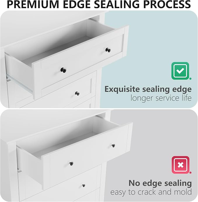 GarveeHome White 5 Chest of Drawer Dresser, Modern Tall Nightstand with Deep Drawers and Nickel Round Handle, Wood Organizer Storage Cabinet for Bedroom, Living Room, Hallway - Image 7