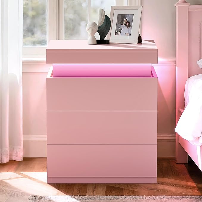 ADORNEVE Nightstand with Charging Station and LED Lights,Night Stand with Sliding Top,Bedside Table with Drawers,Modern End Side Table for Bedroom,Pink by ADORNEVE