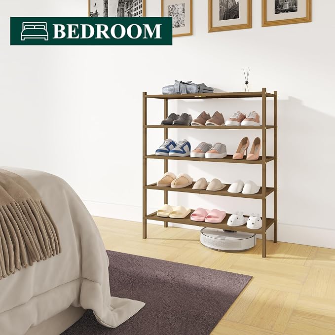 Smiry Bamboo Shoe Rack, 5 Tier Shoe Organizer for Entryway & Closet, Stackable Free Standing Storage Shelf for Shoes, Bags & Plants, Walnut - Image 7