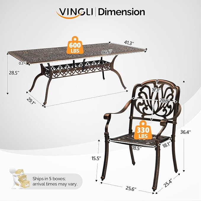 VINGLI 9-Piece Cast Aluminum Outdoor Dining Set for 8, Rectangular Patio Table with Umbrella Hole & 8 Stackable Chairs, All-Weather Garden/Poolside Furniture - Image 8